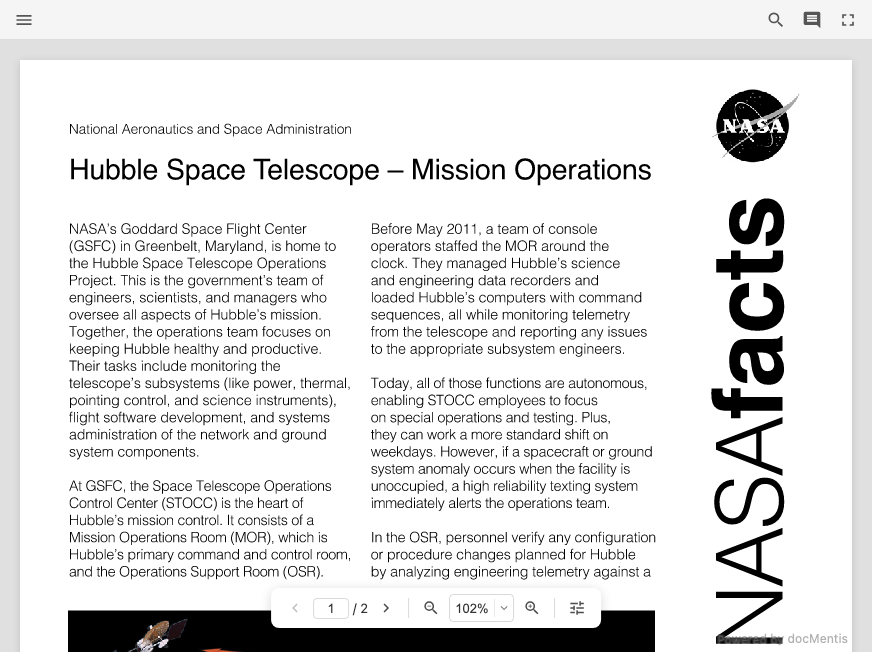 docMentis viewer showing NASA Hubble Mission Operations PDF